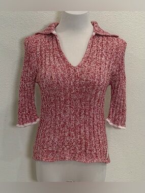 Escada Sport Collared V-Neck Knit Sweater Top Medium Red White Italy Cotton